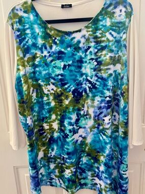 dalin. Blue Green Tie-Dye Print Scoop Neck Top